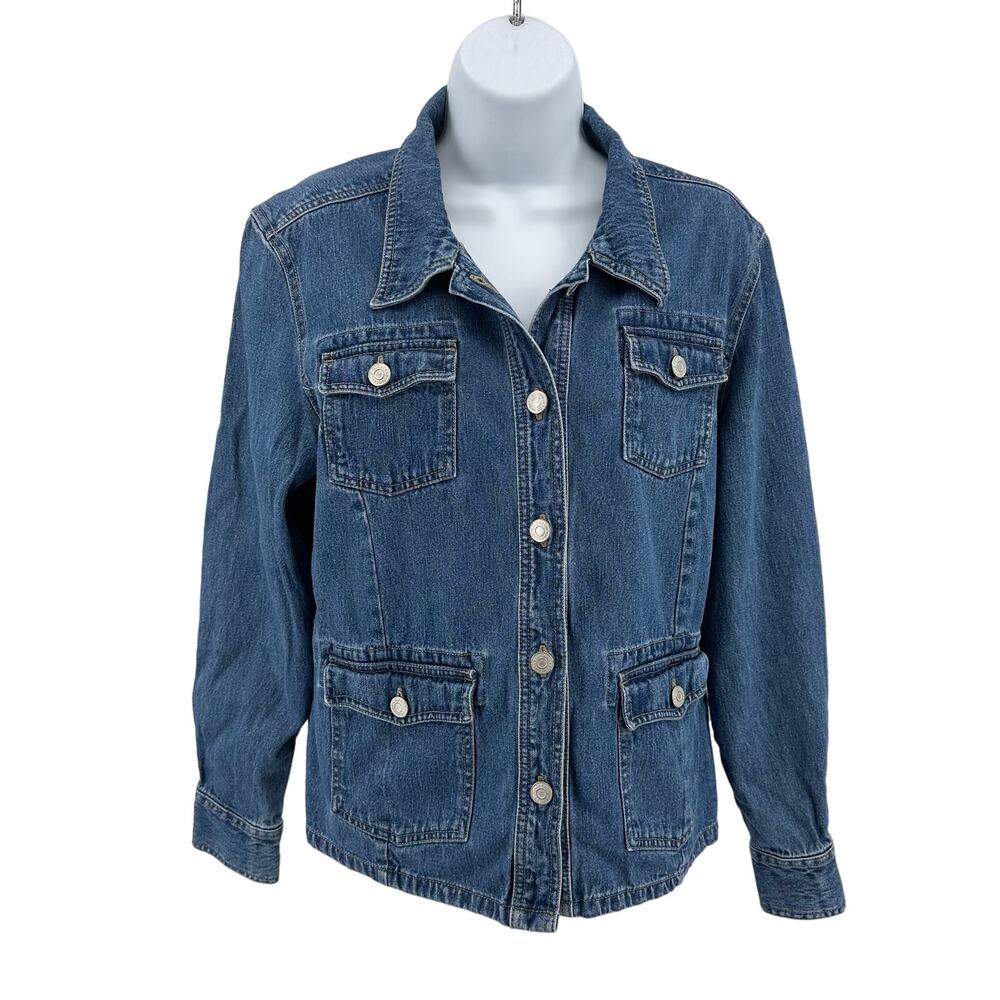 Great Northwest Blue Jean Denim Jacket Womens L Button Front Medium Wash Cotton